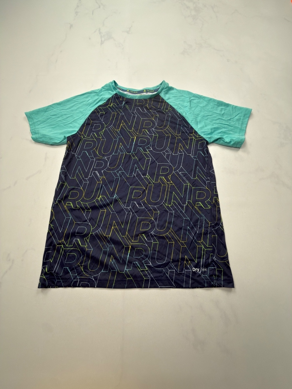 Tek Gear RUN Graphic Tee Navy Turquoise 2000s Sporty - Boys XL